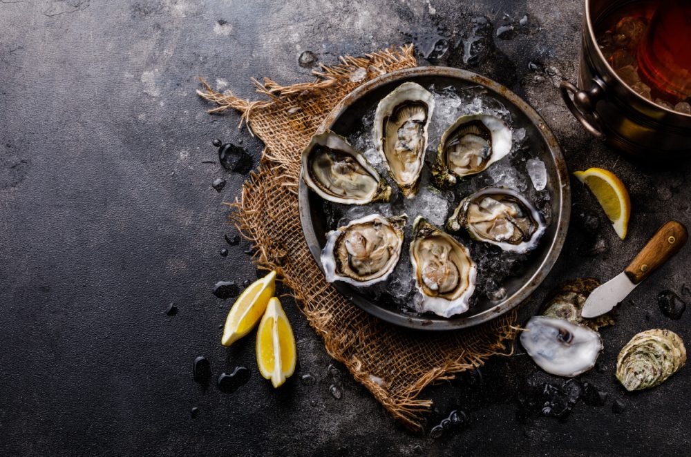 oysters and red wine at restaurant