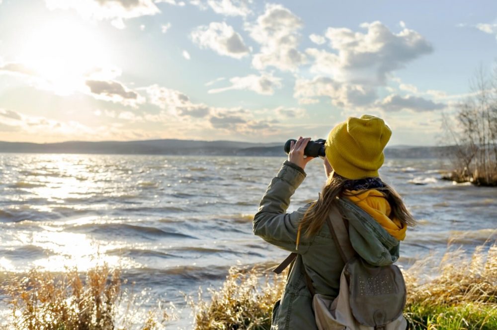 woman birdwatching at a lake
